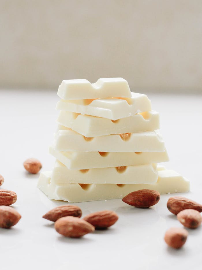 Delicious white chocolate stacked with almonds for a gourmet treat